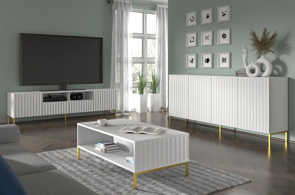 TV stolík/skrinka 200 2D2S Warsaw (biela + zlatá). Akcia -20%. Vlastná spoľahlivá doprava až k Vám domov. 1125136