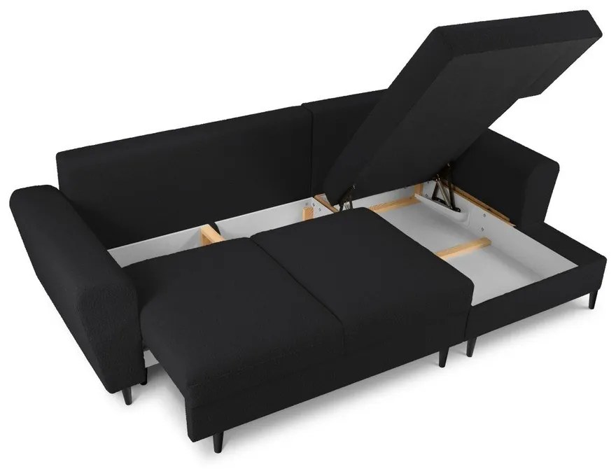 Čierna rozkladacia/s úložným priestorom rohová pohovka z textílie buklé (pravý roh/s leňoškou) Kyoto – Cosmopolitan Design