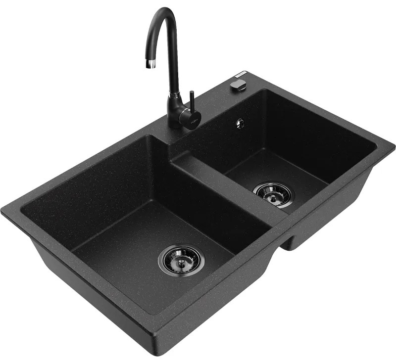 Mexen Tomas, granitový drez 800x500x190 mm, 2-komorový a čierna batéria Telma, čierna-strieborná metalíza, 6516-73-670200-70-B