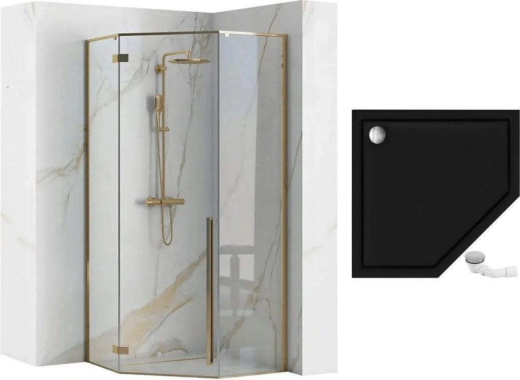 Rea Diamond Gold, sprchovací kút 90x90 cm + čierna sprchová vanička, zlatá lesklá, KPL-14904