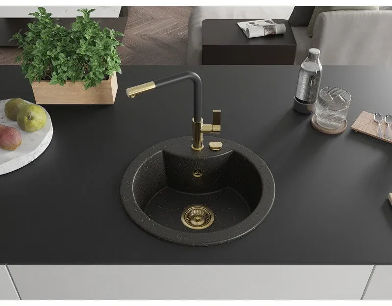 Mexen Diego, 1-komorový granitový drez 488x488x167 mm a drezová batéria Flora, čierna-zlatá metalíza, 6512-75-670401-57-G