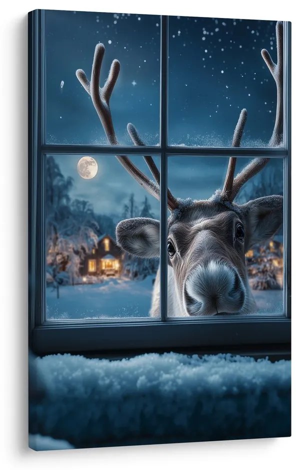 Vianočný obraz roztomilý sob za zasneženým oknom