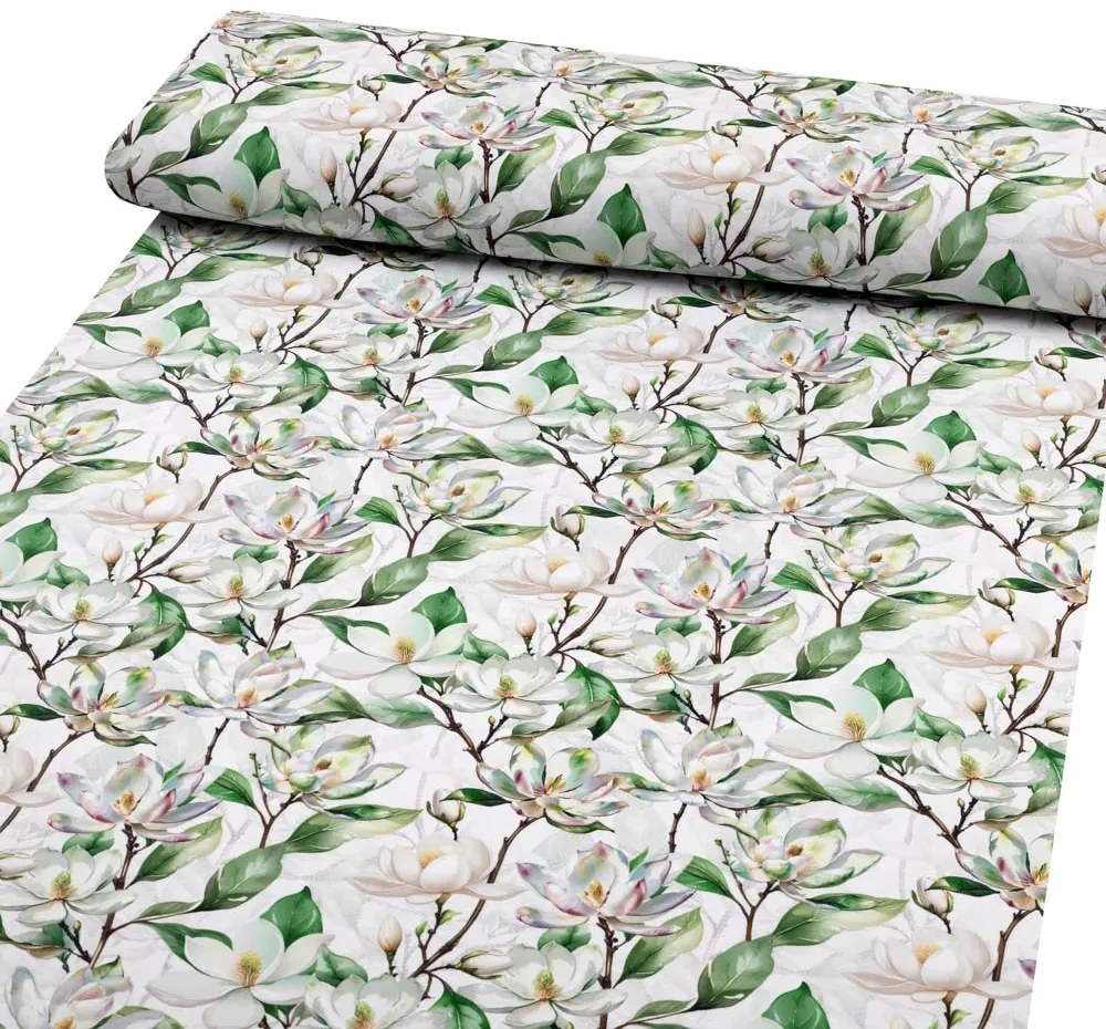 Biante Teflónový behúň na stôl TF-117 Kvety magnólie na bielom 35x120 cm