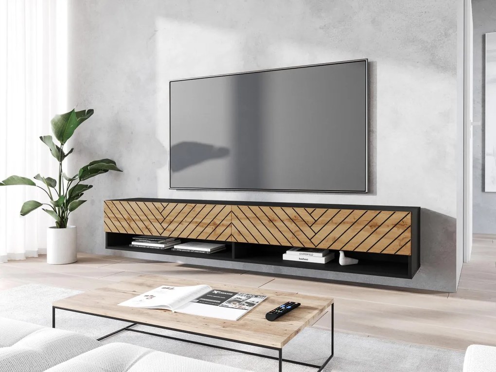 TV stolík/skrinka Adenik 180 MDF, Farby: biela / biela fala, Osvetlenie: osvetlenie LED RGB - farebné