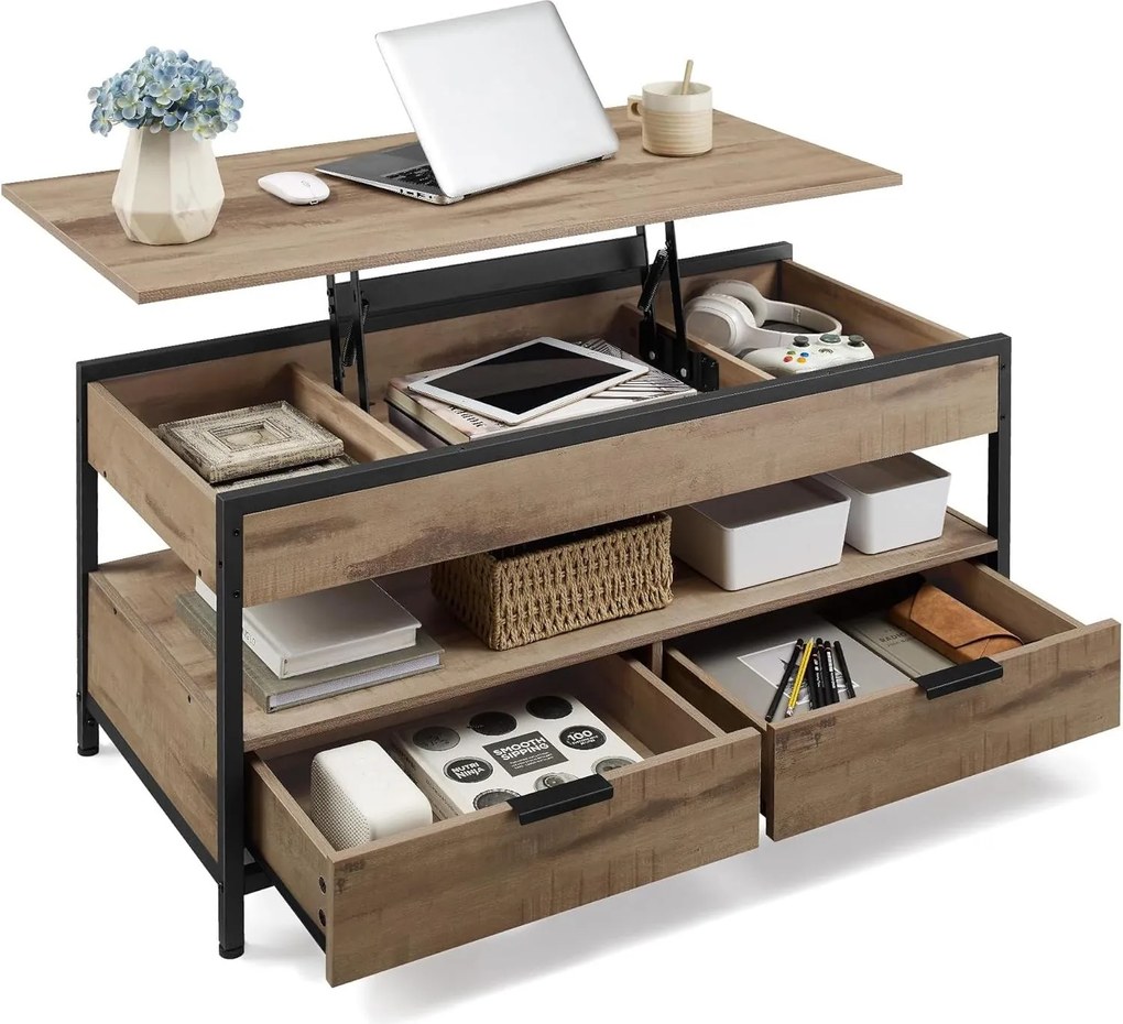 Konferenčný stolík, výškovo nastaviteľný, so zásuvkami, 50 x 100 cm, ťavohnedý