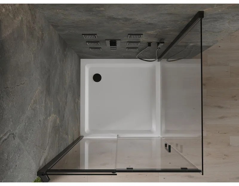 Mexen Omega, sprchovací kút s posuvnými dverami 100 (dvere) x 100 (stena) cm, 8mm číre sklo, čierny profil + slim sprchová vanička biela s čiernym sifónom, 825-100-100-70-00-4010B