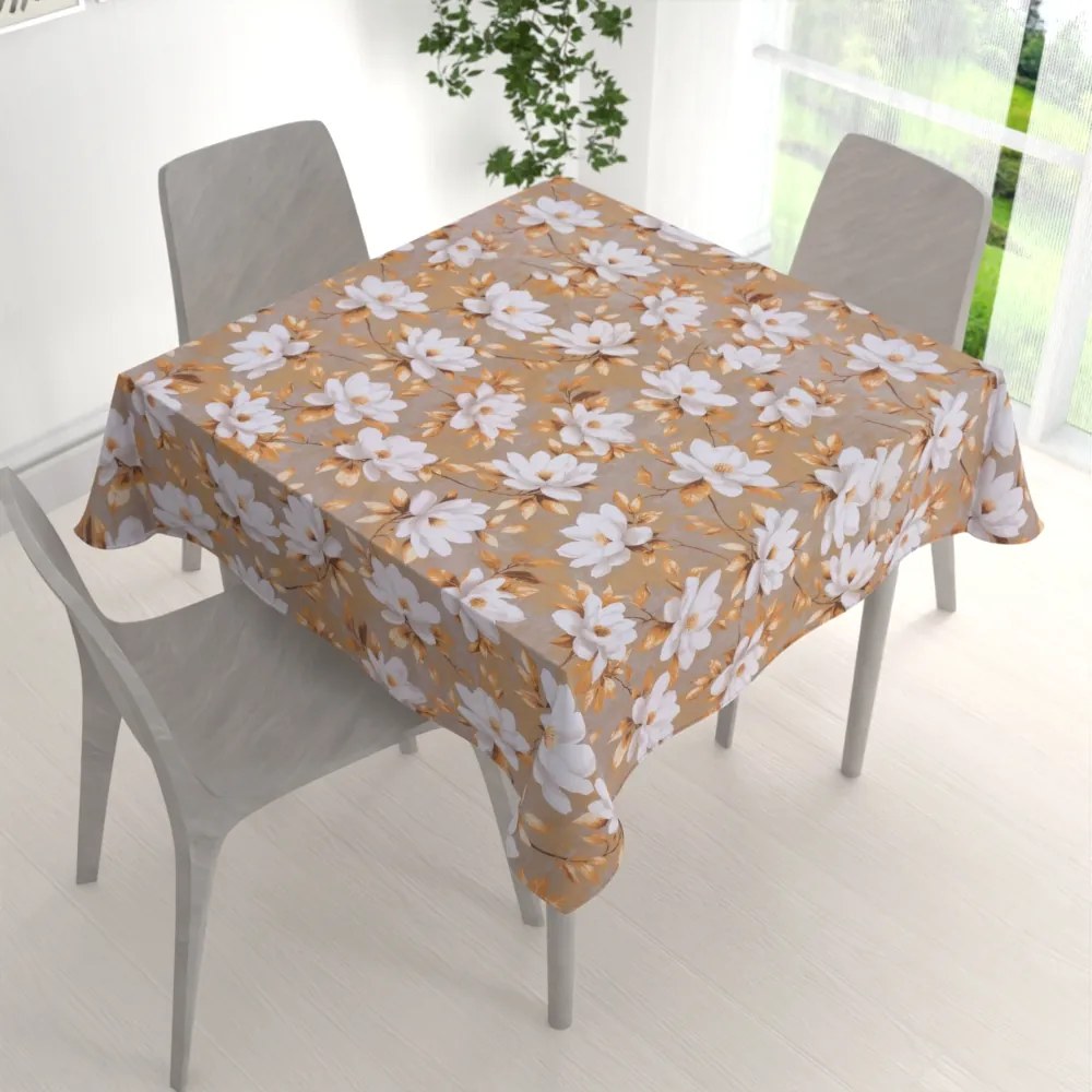 Biante Bavlnený štvorcový obrus Sandra SA-717 Biele kvety magnólie na hnedosivom 60x60 cm