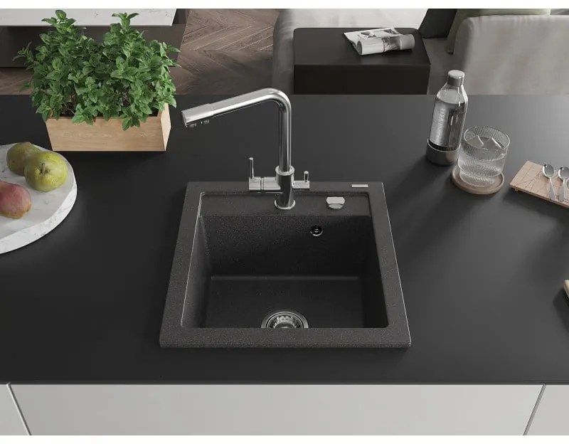Mexen Vito, 1-komorový granitový drez 520x490x210 mm, chrómová batéria Duero, čierna škvrnitá, 6503-76-671600-00
