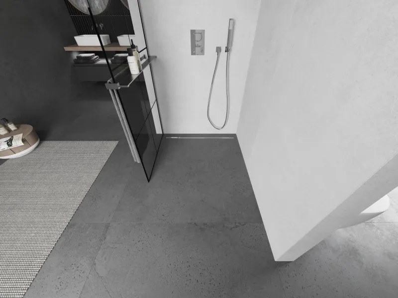 Mexen Kioto+ L, sprchová zástena Walk-In s poličkou a vešiakom 70 x 200 cm, 8mm číre sklo čierny vzor, chrómový profil, 800-070-123-01-77