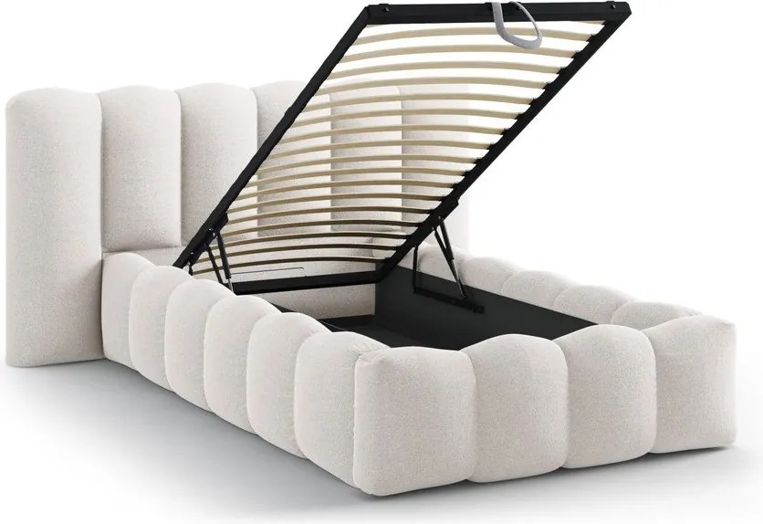 Krémovobiela čalúnená jednolôžková posteľ s úložným priestorom s roštom 90x200 cm Lupine – Micadoni