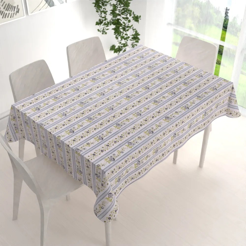 Biante Bavlnený obdĺžnikový obrus Sandra SA-348 Sivé popínavé kvety a modré pruhy 50x100 cm