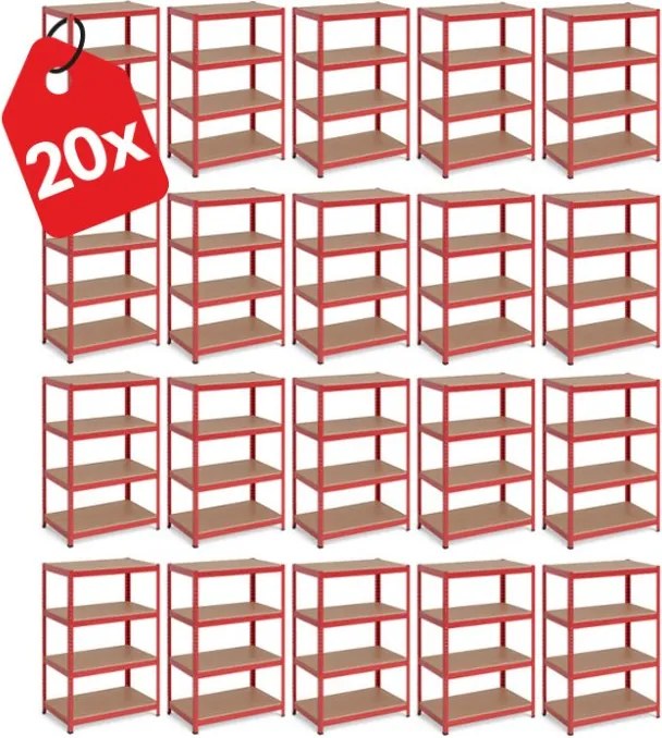 Akcia 20x Regál 150x70x30 cm lakovaný 4-policový, nosnosť 700 kg - červený