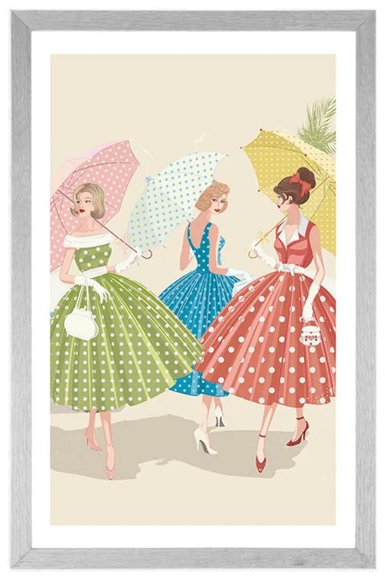 Plagát s paspartou retro dámy s dáždnikmi - 20x30 white