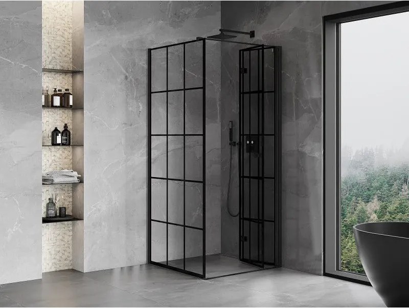 Mexen Mist-F T, 1-krídlový skladací sprchový kút pravý 70 x 70 cm, číre sklo-čierna mriežka, 8A6T-070-070-70-77-P