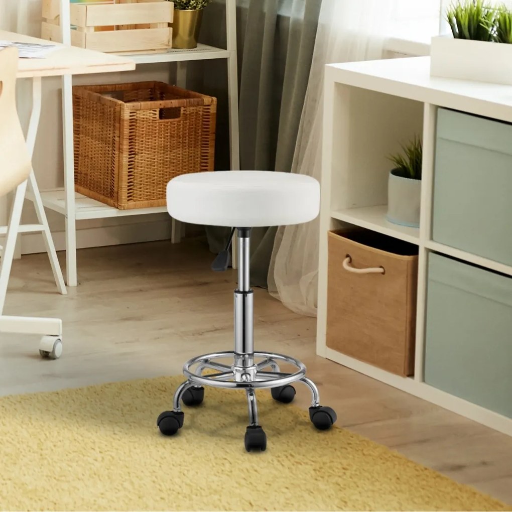 Taburetka na kolieskach OXANA s opierkou na nohy, Ø35cm, biela Casaria
