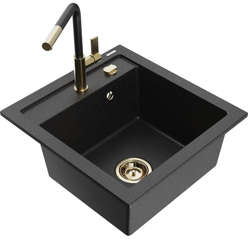 Mexen Vito, 1-komorový granitový drez 490x520x210 mm a drezová batéria Flora, čierna-strieborná metalíza, 6503-73-670401-57-G
