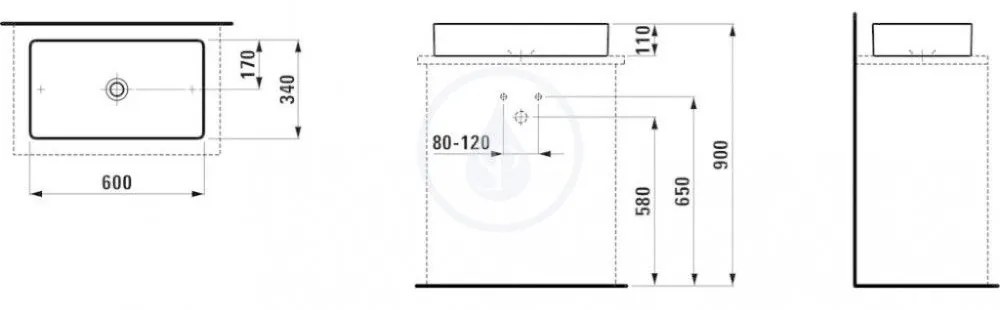 LAUFEN Living Umývadlová misa, 600 mm x 340 mm, biela – bez prepadu, bez otvoru na batériu H8114340001121