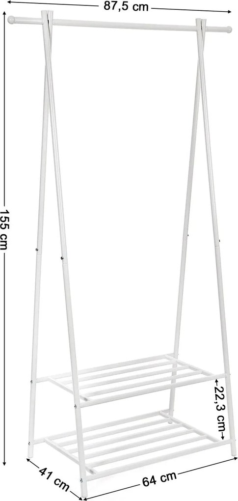 Kovový stojan na šaty s policami na topánky, krémovo biely