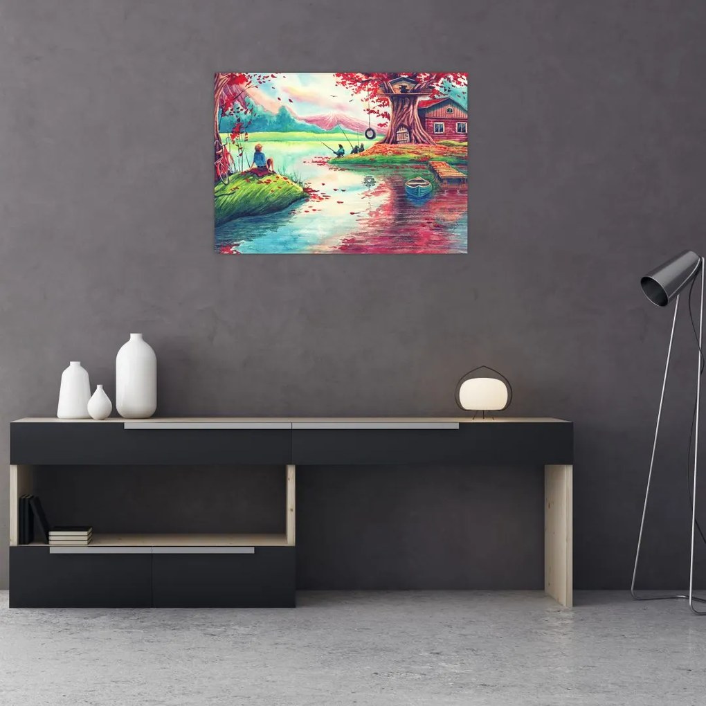 Sklenený obraz - Aquarel, Zátoka v horskej dedinke (70x50 cm)