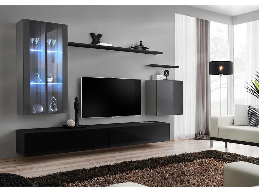 Obývacia stena Switch Sklo +LED XII Grafit/čierna