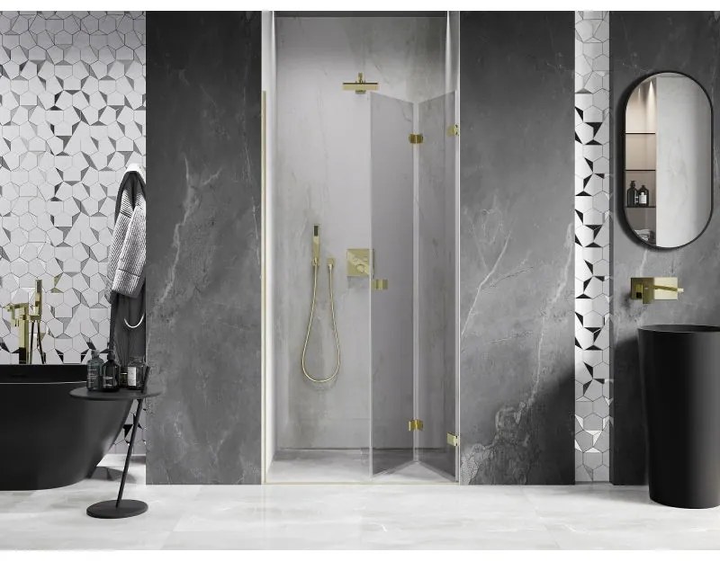 Mexen, Mexen Lunar-F pravé sklápacie sprchové dvere 85 cm, transparentné, brúsené zlaté - 836-085-000-55-00-P