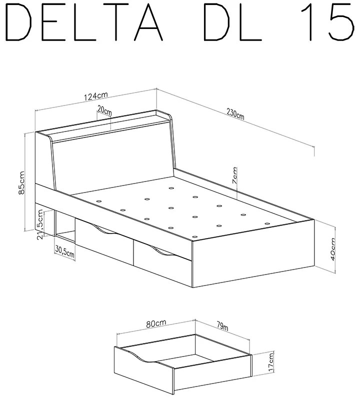 Mládežnícka posteľ 120 x 200 Delta DL14 L/P - dub / antracit - Meblar