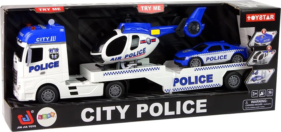 LEAN Toys Sada: Polícia, odťahovka, nákladné auto, autíčko, vrtuľník, zvuky, svetlá