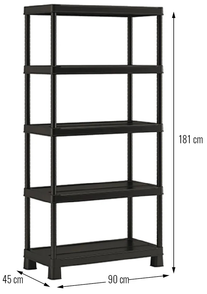 Plastový regál Tribac, 5 políc, 180x90x45 cm, čierna farba