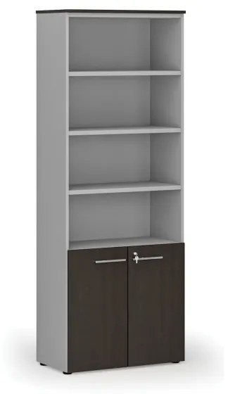 Kombinovaná kancelárska skriňa PRIMO GRAY, dvere na 2 poschodia, 2128 x 800 x 420 mm, sivá/wenge