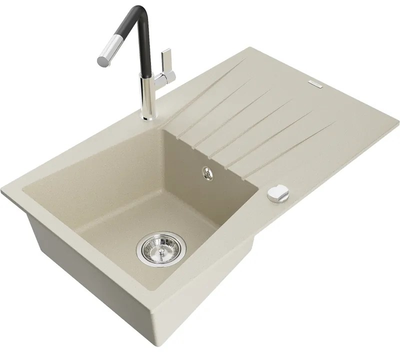 Mexen Cesar, 1-komorový granitový drez 775x470x190 mm a drezová batéria Flora, béžová, 6514-69-670401-07