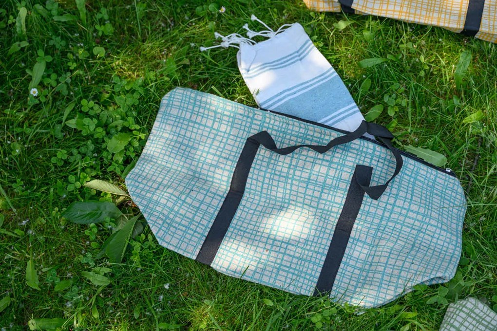 Štýlový set plážovej tašky + osušky HAMAM 75x150 cm, tyrkysový, 100% organická bavlna