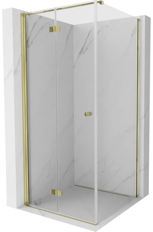 Mexen Mist-F T, 1-krídlový skladací sprchový kút ľavý 70 x 70 cm, číre sklo, zlatý lesklý profil, 8A6T-070-070-50-00-L