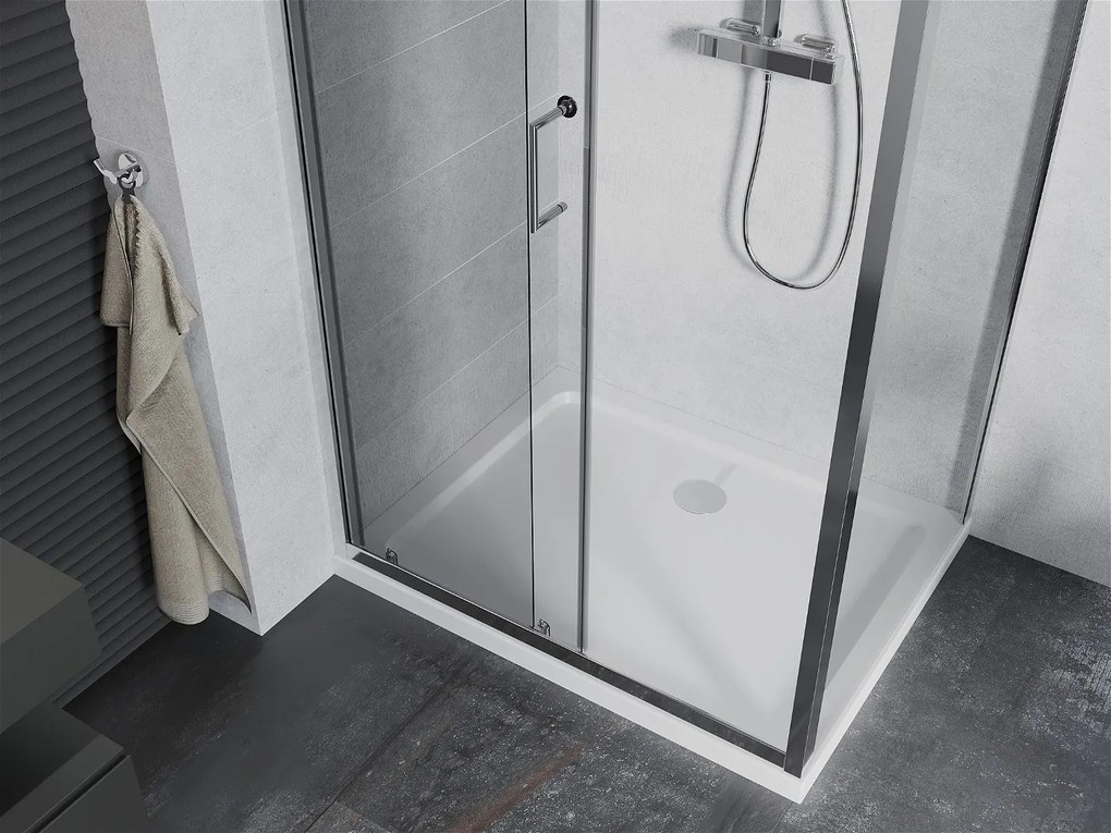 Mexen APIA, sprchový kút s posuvnými dverami 140 (dvere) x 70 (stena) cm, 5mm číre sklo, chrómový profil + slim sprchová vanička 5cm, 840-140-070-01-00-4010