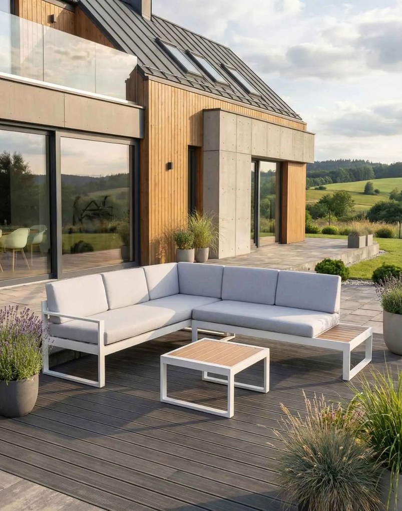 Záhradná rohová sedacia súprava Loreto White pre 5 osôb so stolíkom – hliník, biela