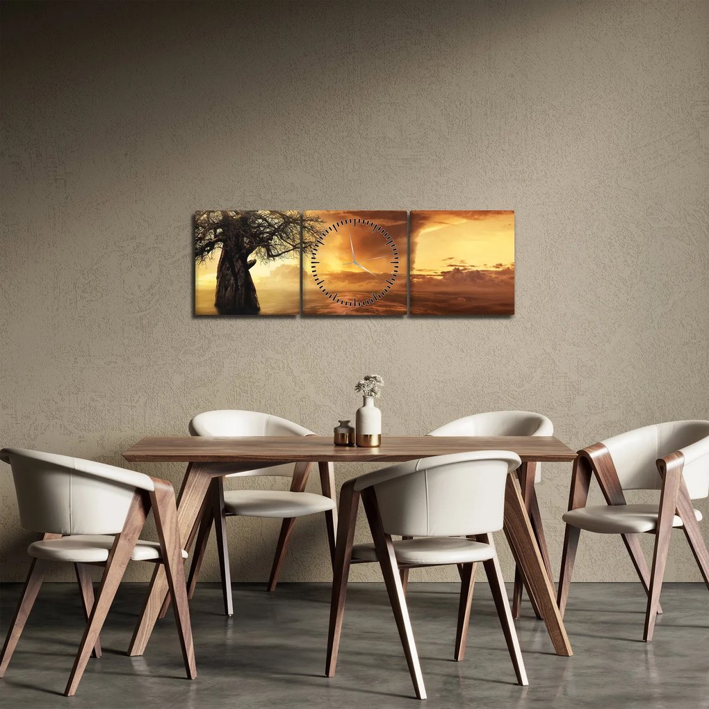 Obraz oranžových mračien (s hodinami) (90x30 cm)