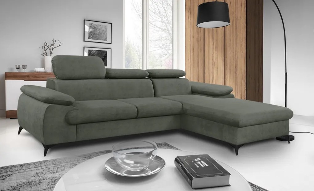 Rohová sedacia súprava Scala, olivovo zelená látka, pravý roh