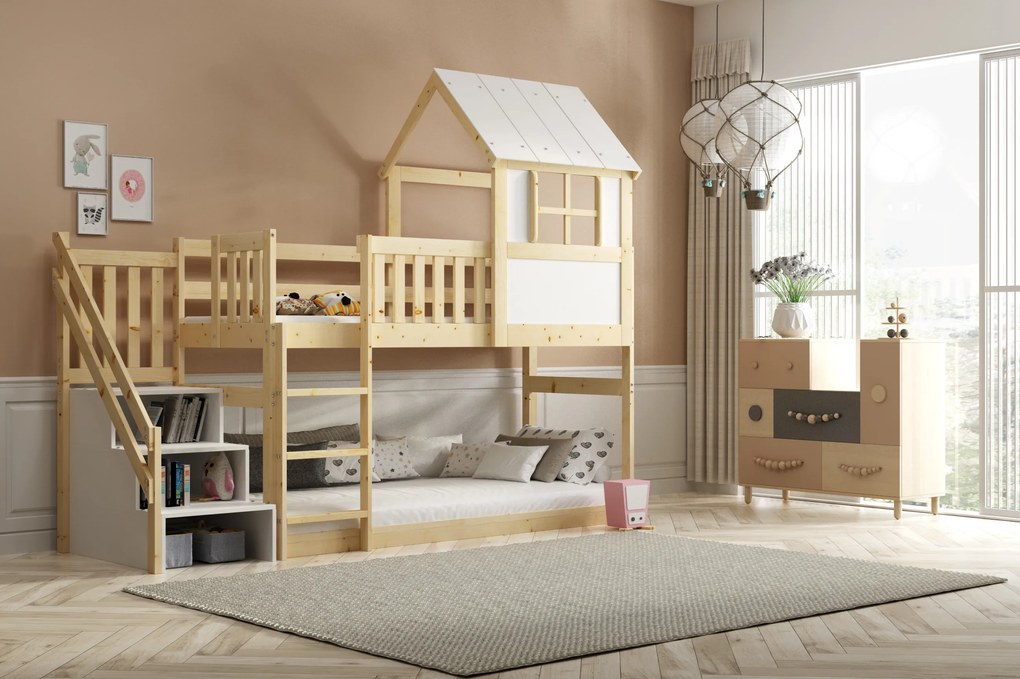 Posteľ ANTRESOLA 200×90 cm so schodíkmi a strieškou – borovica