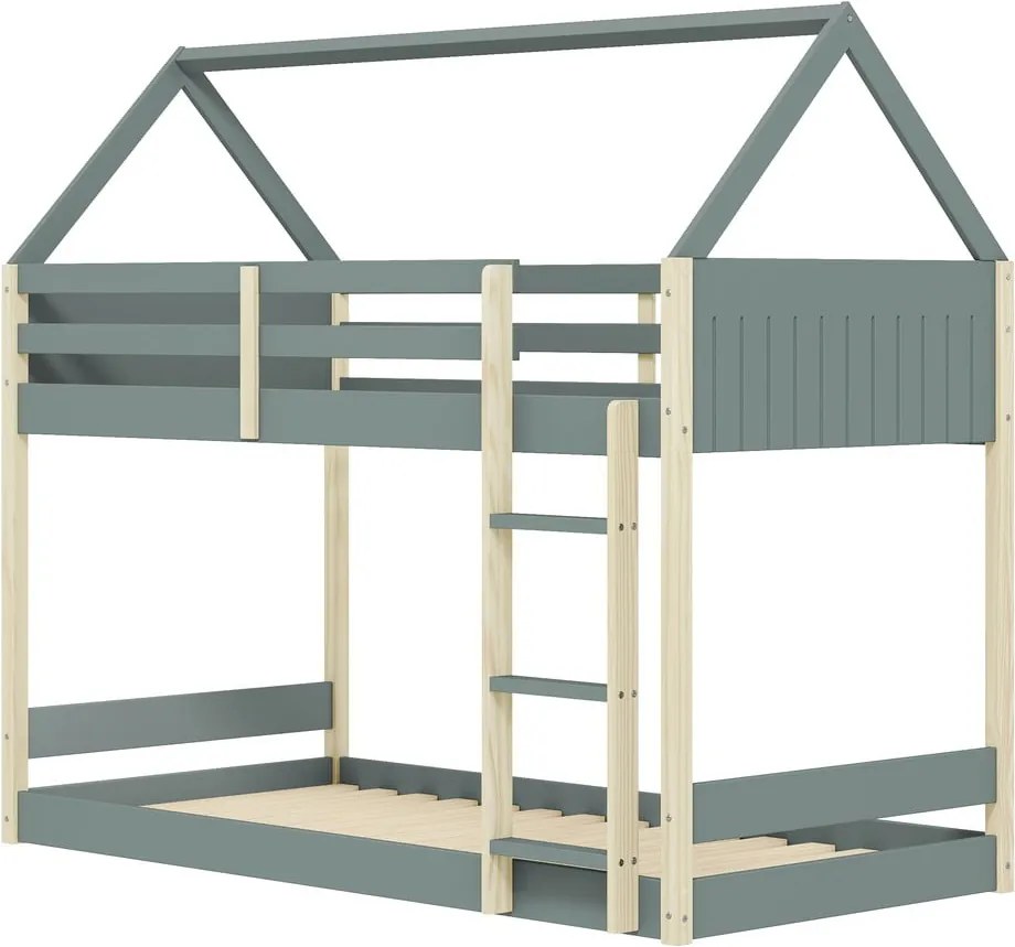 Domčeková/poschodová detská posteľ s roštom 90x190 cm v prírodnej farbe/sivozelená Valka – Marckeric