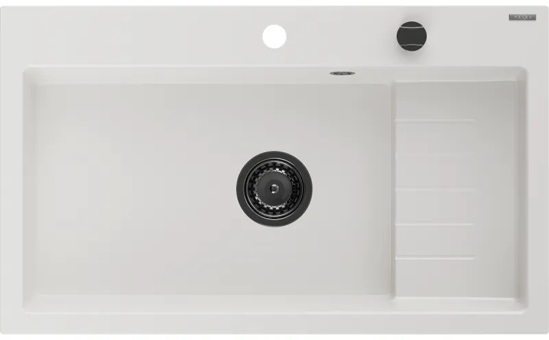 Mexen Omar, 1-komorový granitový drez 800x480x210 mm, biela, grafitový sifón, 6520801005-20-B