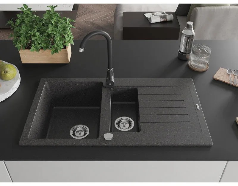 Mexen Matias, granitový drez 900x505x200 mm, 1,5-komorový a čierna batéria Telma, čierna škvrnitá, 6502-76-670200-70