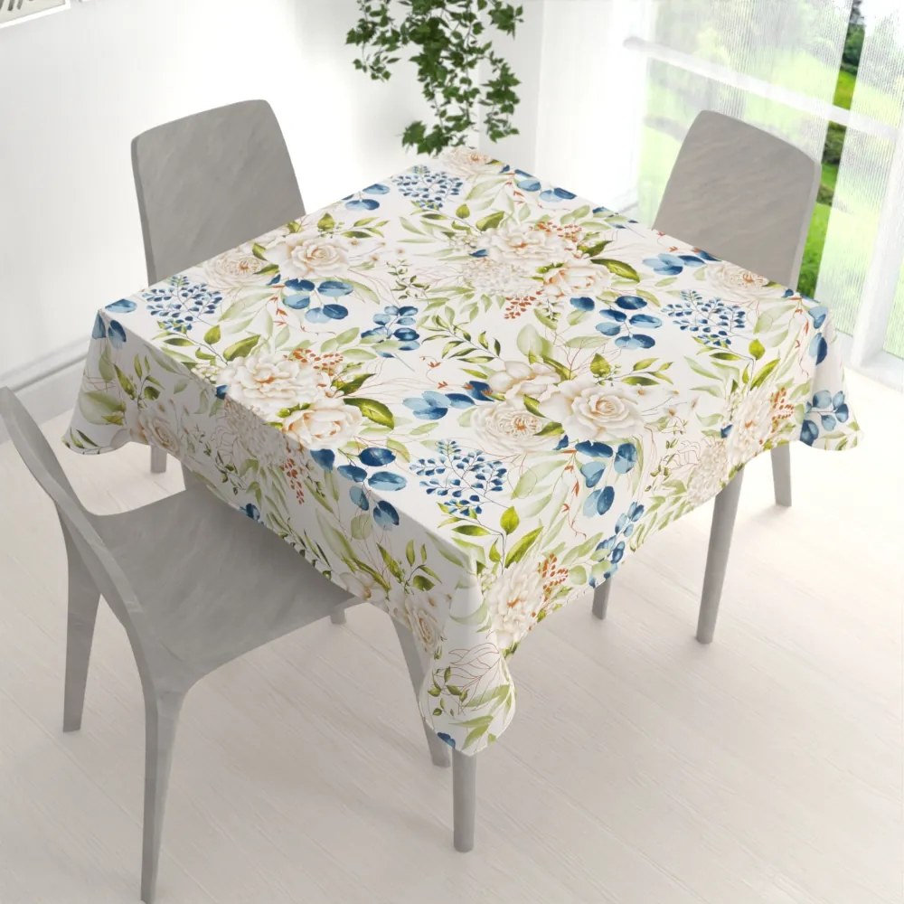 Biante Bavlnený štvorcový obrus Sandra SA-668 Kvety a modro-zelené listy na bielom 100x100 cm