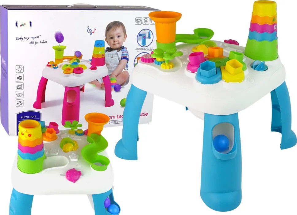 LEAN Toys Interaktívny vzdelávací stolík s triedičom a šmykľavkou pre loptičky modrý