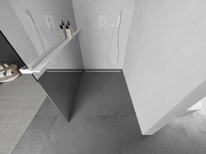 Mexen Kioto+ L, sprchová zástena Walk-In s poličkou a vešiakom 70 x 200 cm, 8mm sklo vzor zrkadlo, biely profil, 800-070-123-20-50