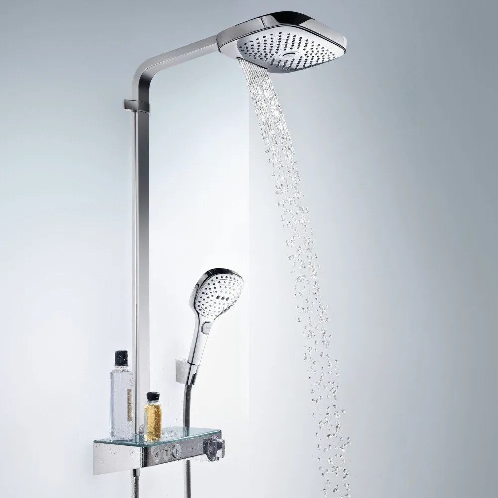 HANSGROHE Raindance Select E Showerpipe nástenný sprchový systém s termostatom ShowerTablet Select 300, horná sprcha 3jet 318 x 190 mm, ručná sprcha 3jet, chróm, 27127000