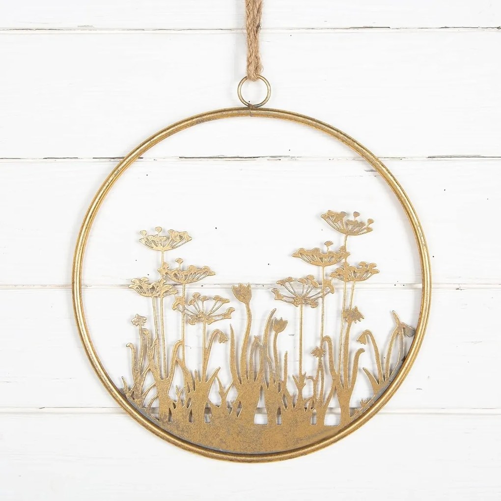 Kovová nástenná dekorácia FLOWERS RING Ø 41 cm zlatá