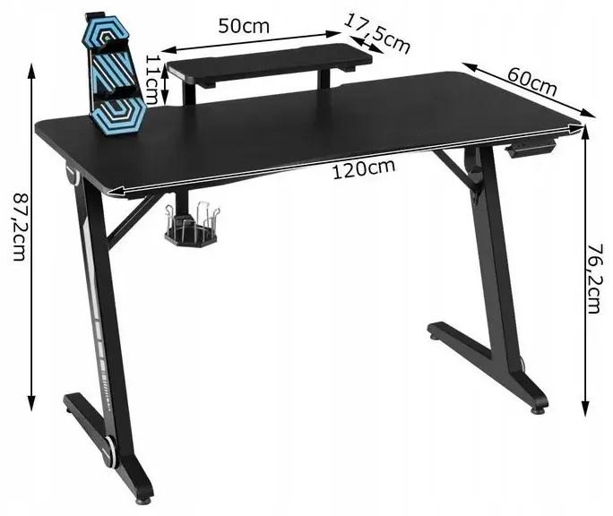 Herný stôl, LED, čierny | 120 x 60 x 76 cm