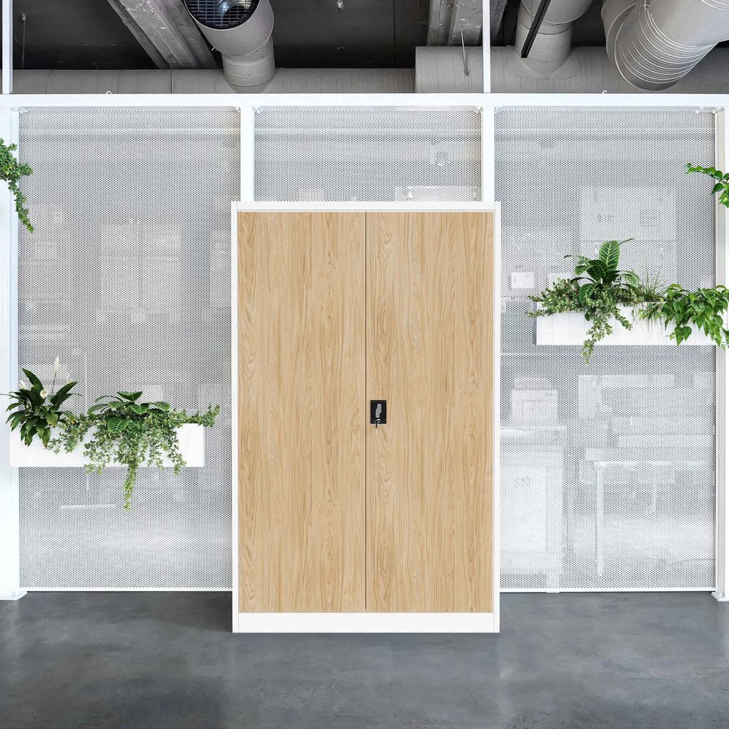 Kancelárska kovová skrinka na dokumenty JAN II, Eco Design: biela/dub sonoma