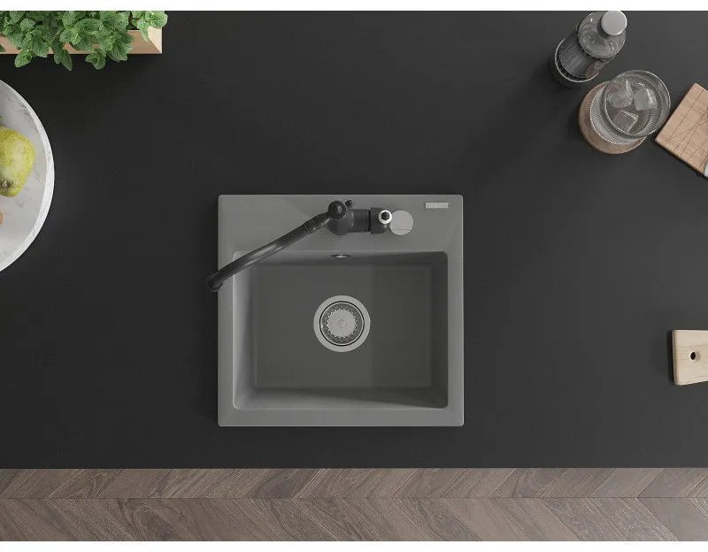 Mexen Milo, granitový drez 435x410x171 mm, 1-komorový a drezová batéria Carla, šedá, 6505-71-670700-70