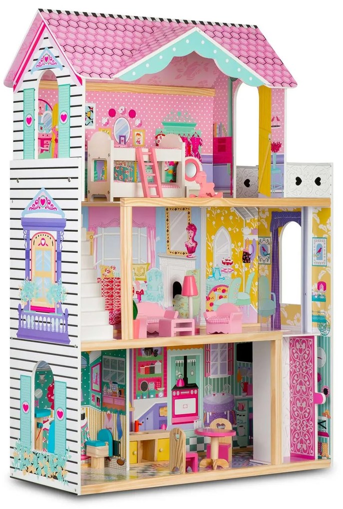 Ricokids Drevený domček pre bábiky veľký 3-poschodový s výťahom a LED osvetlením