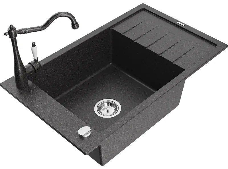Mexen Elias, granitový drez 795x480x200 mm, 1-komorový a drezová batéria Carla, čierna škvrnitá, 6511-76-670700-76